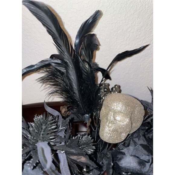 Gothic Black & Purple Rose Bouquet with Skull Accent Halloween Decor - Picture 3 of 11